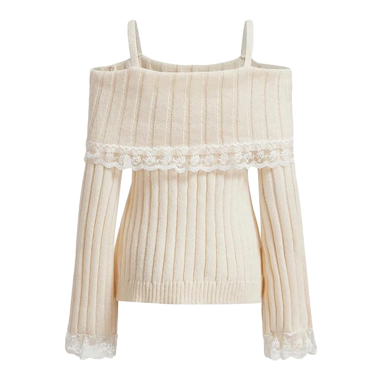 Y2K Women's Off Shoulder Knit Sweater Long Sleeve Lace Trim Pullover Top - Cute Aesthetic Fashion for Casual Outings, Date Nights & Instagram Photos