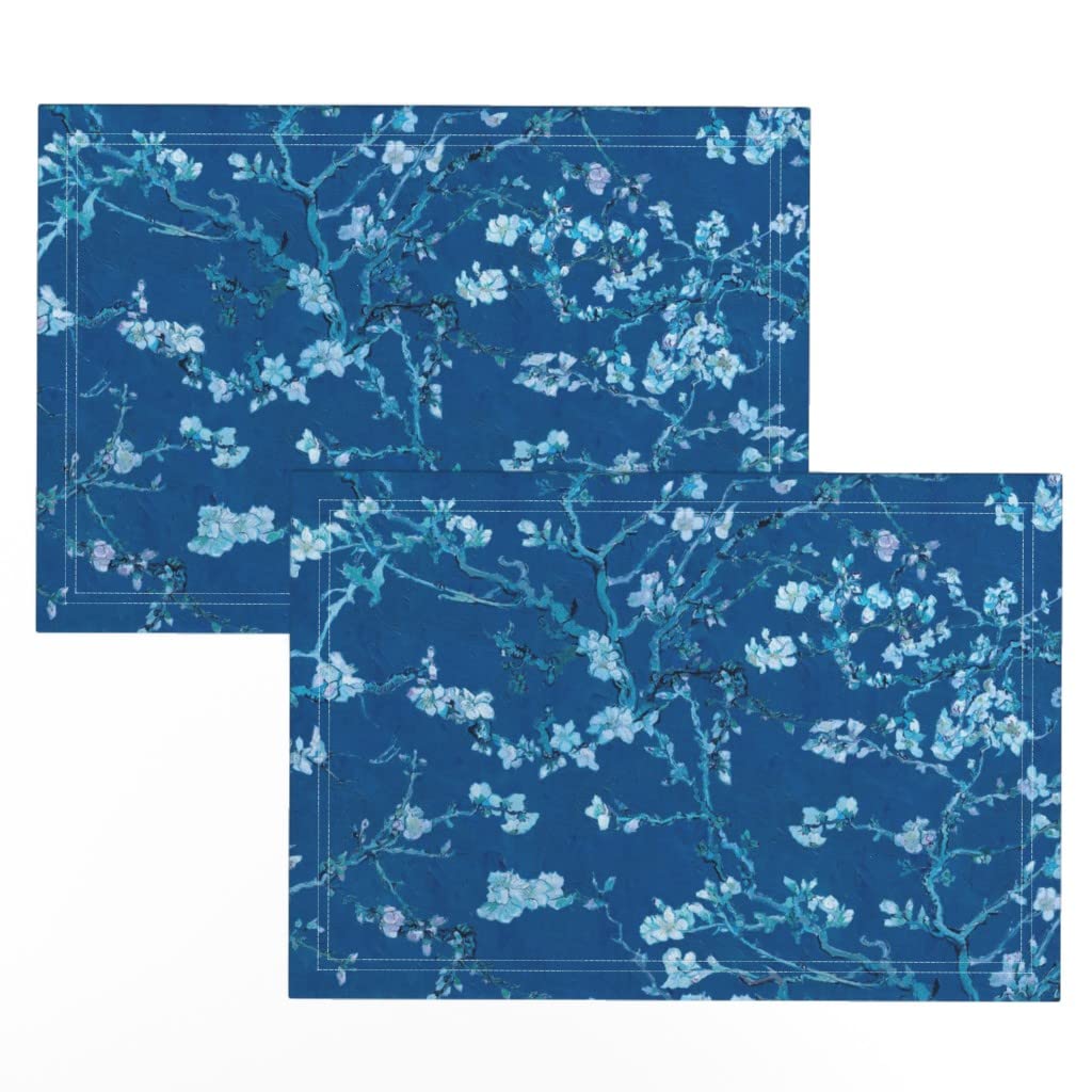 Premium Linen Cotton Canvas Placemats Set of 2 - Impressionist Garden Art with White Flowers & Nature Print - Elegant Table Setting for Dining Room, Kitchen, or Outdoor Picnic