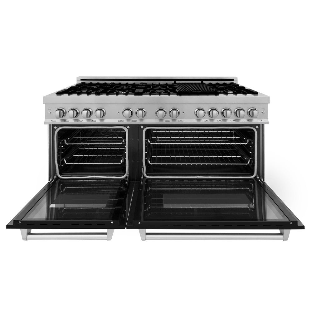 ZLINE 60-inch 7.4 cu.ft Dual Fuel Range - 9 Burner Gas Cooktop & 2 Electric Convection Ovens - Satin Stainless Steel with Black Matte Doors (RAS BLM 60) - Perfect for Professional Home Chefs & Modern Kitchens