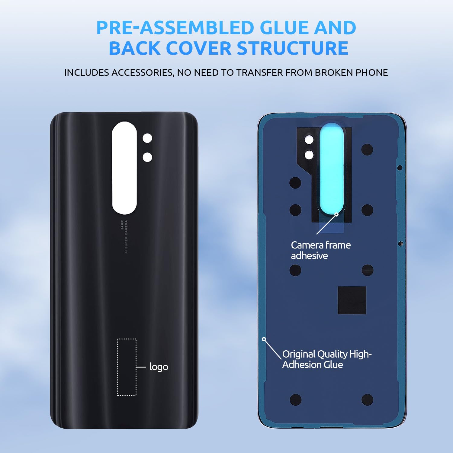 Genuine Xiaomi Redmi Note 8 Pro Back Glass Replacement - OEM White Rear Cover Housing with Repair Tool Kit | DIY Smartphone Repair Solution for Cracked/Damaged Back Panel