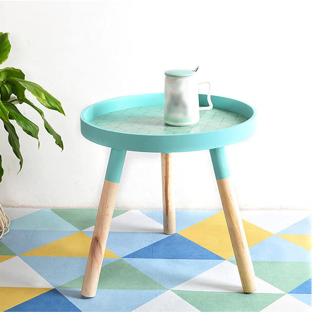 Round Wooden End Table with Tray - Small Side Table, Nightstand, Coffee Table & Plant Stand for Living Room, Bedroom, Office - Sturdy Tripod Base - Perfect for Small Spaces, Balcony Decor & Home Organization (Blue)