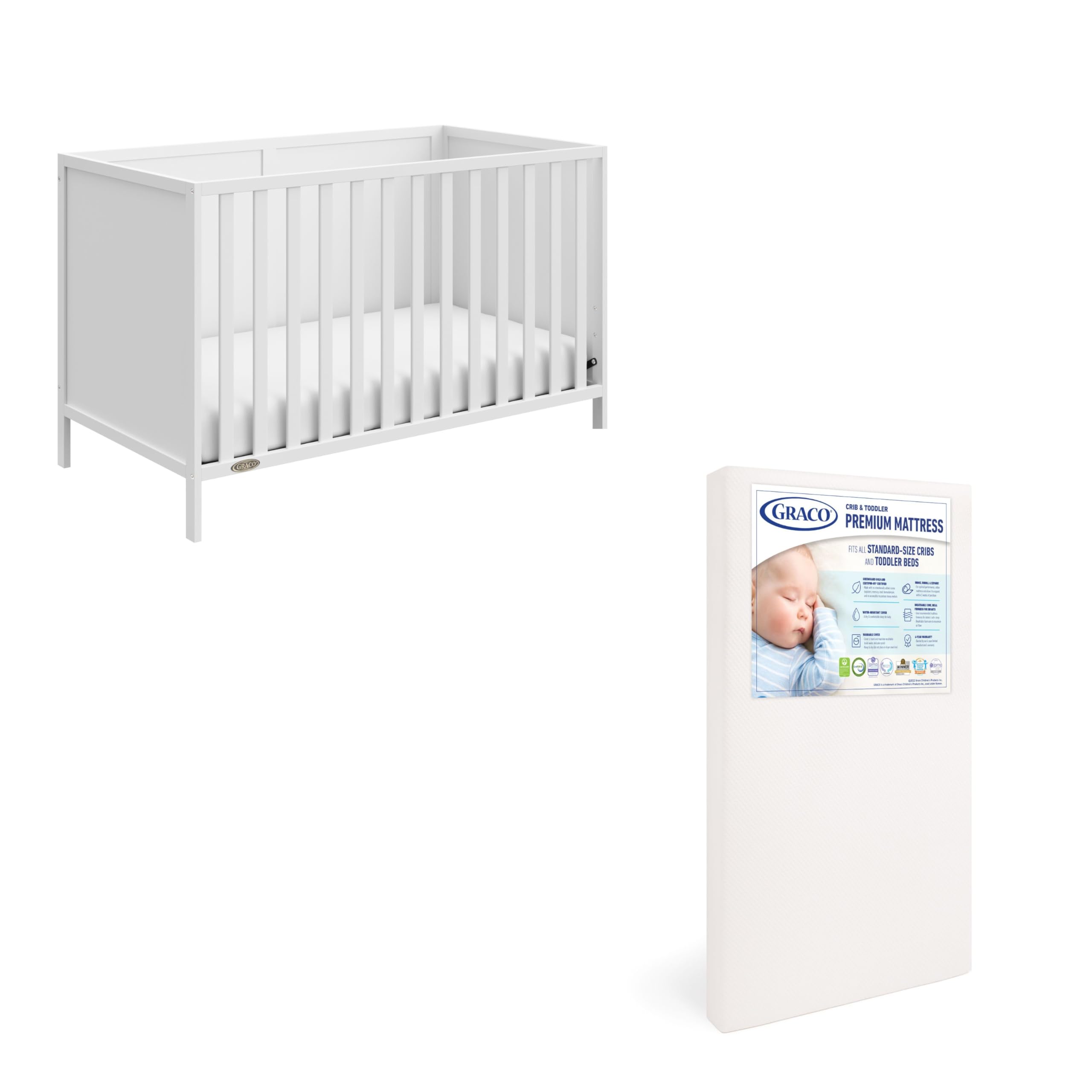 Graco Theo Convertible Crib & Mattress Set - GREENGUARD Gold Certified Baby Crib with Included Mattress, White Nursery Essentials for Newborns & Toddlers | Perfect for Modern Nurseries & Daycare Centers