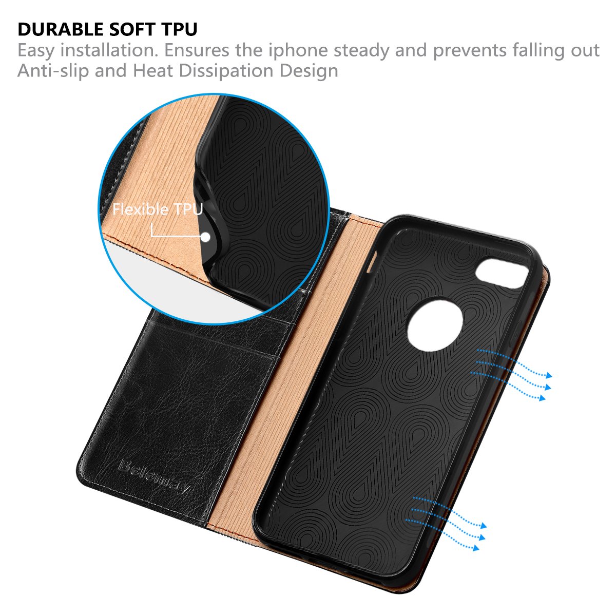 Belemay Genuine Cowhide Leather Wallet Case for iPhone 8 - RFID Blocking Flip Cover with Card Holder Slots, Kickstand & Cash Pocket (Black) | Perfect for Business Travel, Daily Commute & Hands-Free Viewing