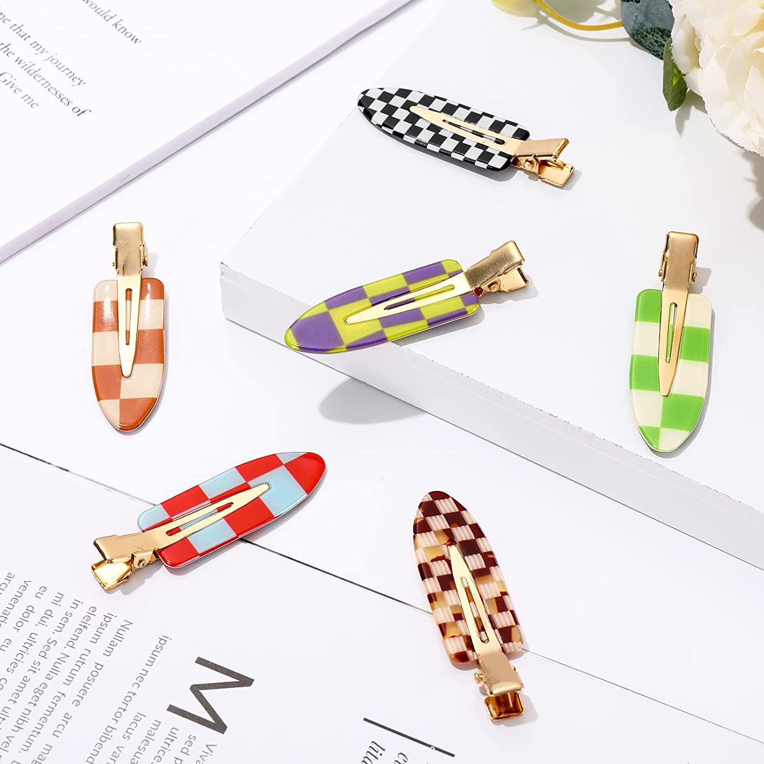 6Pcs No Bend Hair Clips - Checkerboard Style Hair Barrettes for Women & Girls - Colorful Crease-Free Salon Hairpins for Hairstyling & Makeup Application (6 Designs) - Perfect for Daily Use, Salon Styling & Party Hairstyles