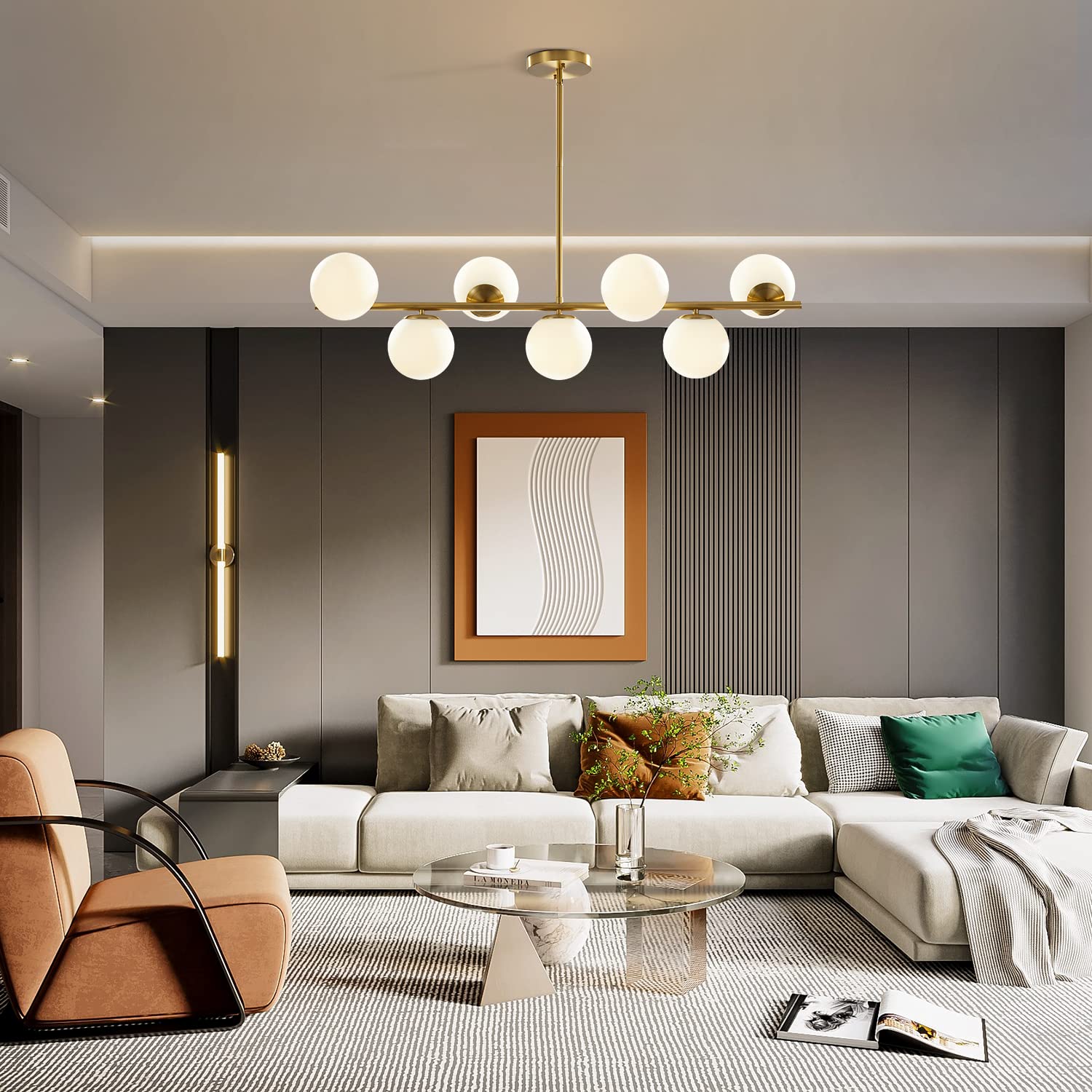 Modern Gold Chandelier with Brushed Brass Finish & Globe Glass - 7-Light Ceiling Pendant Light for Dining Room, Living Room, Bedroom | Elegant Lighting Fixture for Home Decor, Wedding Venues & Restaurants