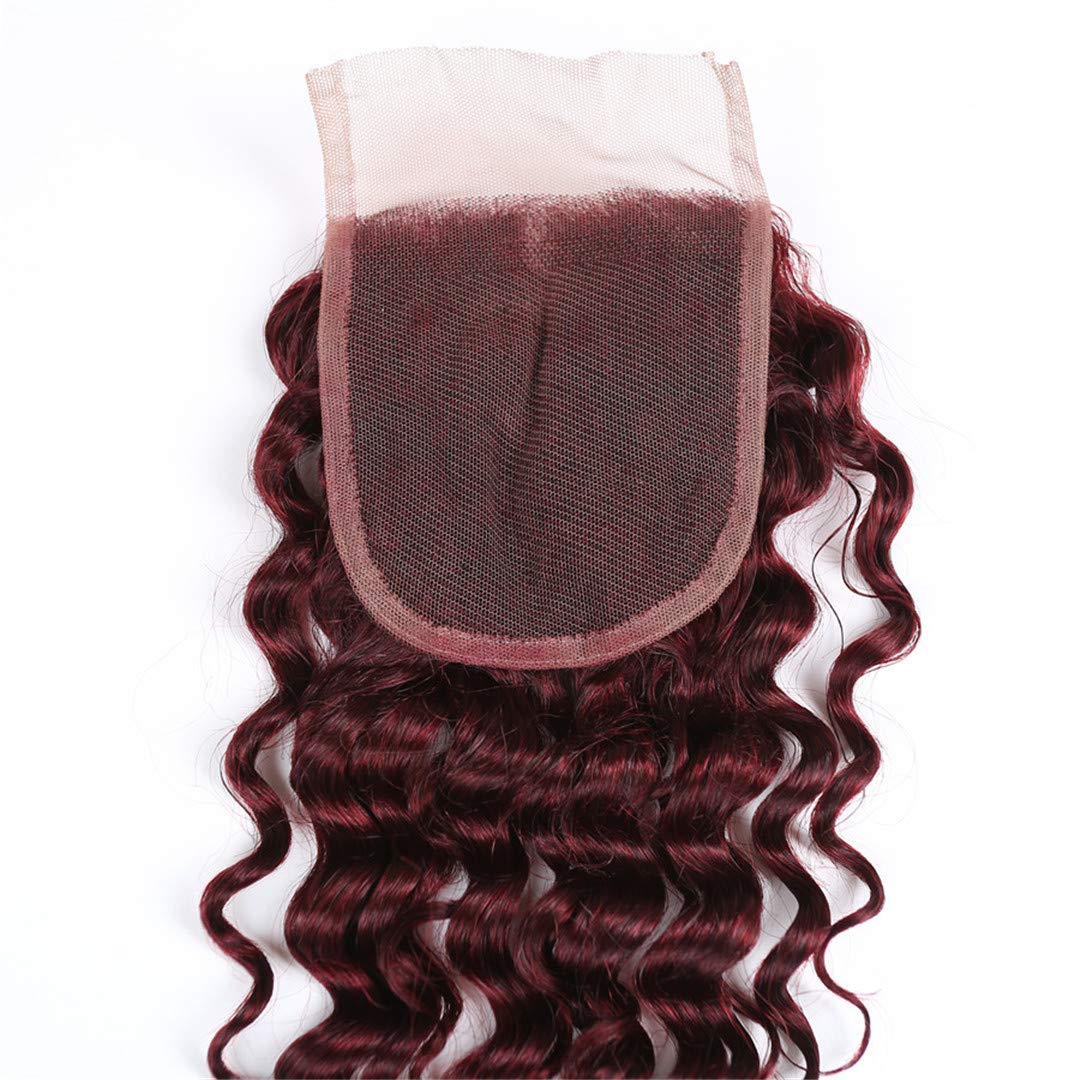 Burgundy Deep Wave Brazilian Virgin Human Hair Weft #99J - 14 16 18 Inch Deep Curly Hair Bundles with 4x4 Lace Closure (Wine Red, Double Weft) for Sew-in Weave, Wig Making & Styling - 100% Human Hair Extensions for Natural Look