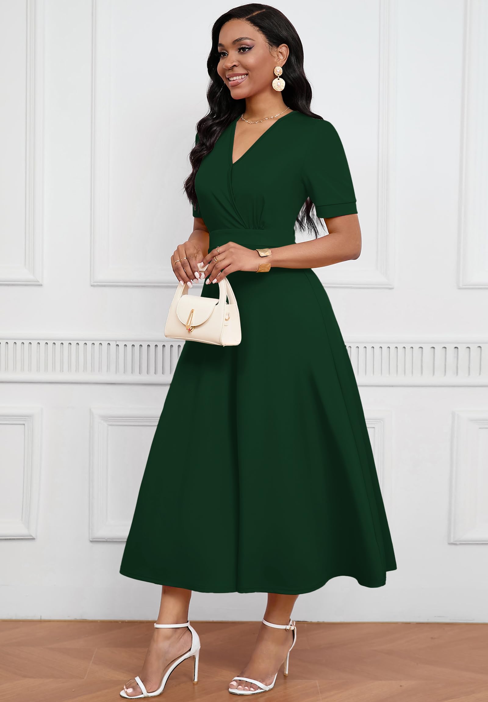 Women's Midi Dresses - V Neck A-Line Cocktail Dress with Short Sleeves for Church, Tea Party & Special Occasions | Elegant Swing Dress for Weddings, Date Nights & Office Wear