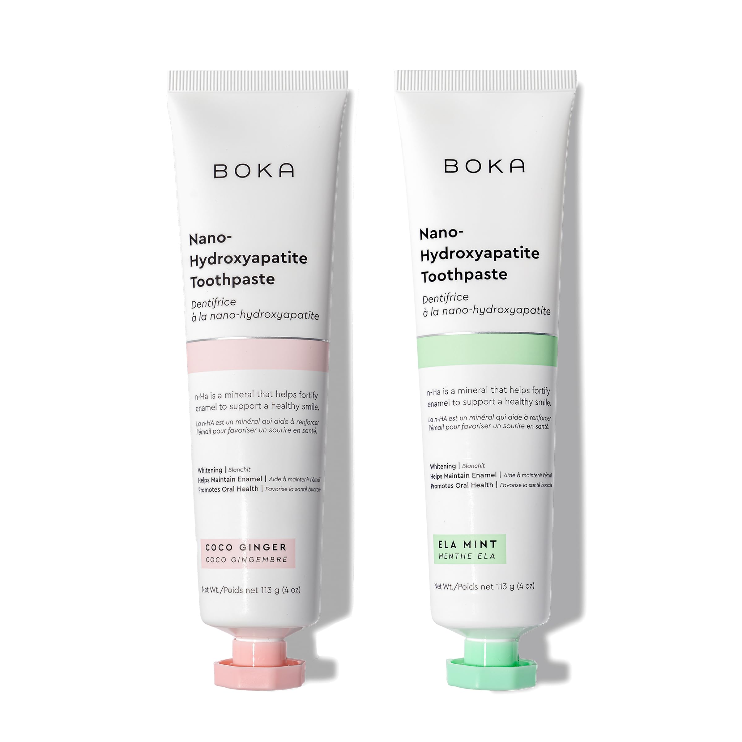 Boka Fluoride Free Toothpaste with Nano Hydroxyapatite - Remineralizing Toothpaste for Sensitive Teeth & Whitening - Dentist Recommended for Adults & Kids - Natural Ela Mint & Coco Ginger Flavor - 4oz (Pack of 2) - Perfect for Daily Oral Care & Enamel Repair