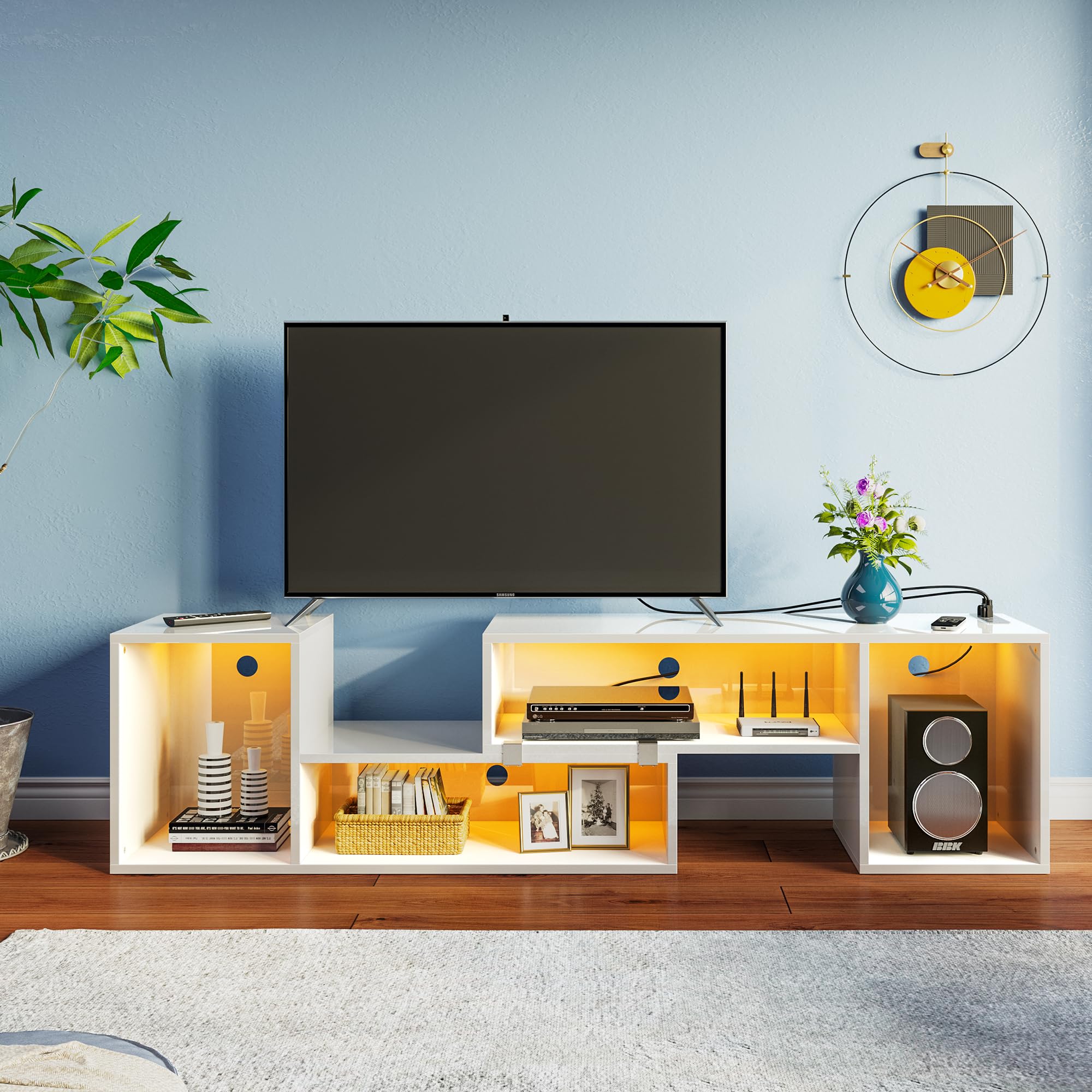 Rolanstar Modern TV Stand with LED Lights & Power Outlets - Adjustable Entertainment Center for 45-70 Inch TVs, 2-Piece Media Console Cabinet (Glossy White) - Perfect for Living Room, Gaming Setup & Home Theater Systems