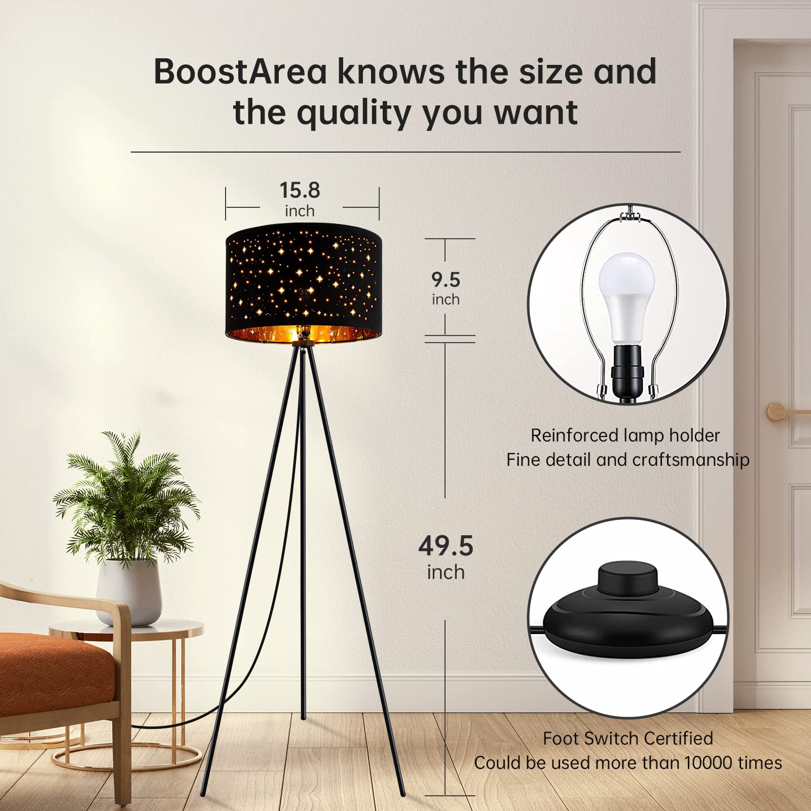 BoostArea Modern Tripod Floor Lamp with 8W LED Bulb & Decorative Shade - Mid Century Standing Light for Living Room, Bedroom, Study & Office - Perfect for Reading, Relaxing & Ambient Lighting