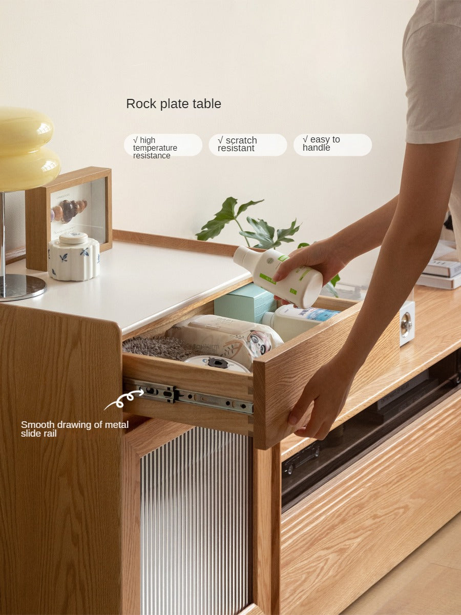 Solid Oak Wood Side Cabinet for Robot Vacuum Storage - Modern Rock Slab Design - Perfect for Living Room, Bedroom, or Home Office Organization