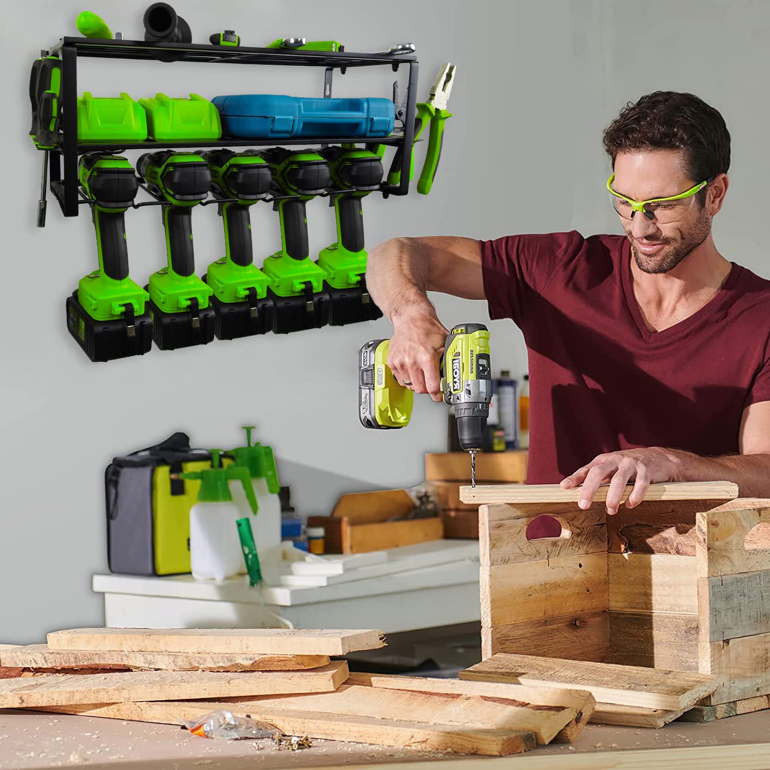 Heavy Duty Metal Power Tool Organizer - Wall Mount Drill Charging Station with 5 Drill Holders | Garage & Workshop Storage Solution for Cordless Drills, Screwdrivers & Power Tools