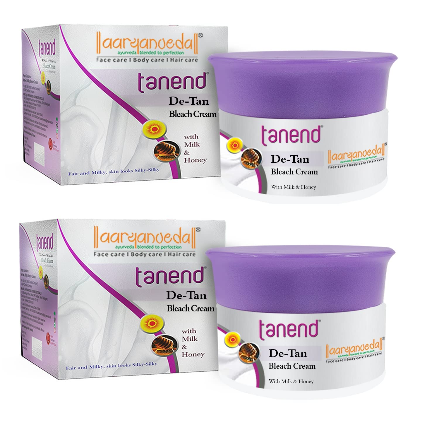 Aryanveda Tanend De-Tan Bleach Cream with Milk & Honey - Skin Brightening, Dark Spot Removal, Pore Tightening for Men & Women - All Skin Types - 40g (Pack of 2) - Perfect for Sun Tan Removal & Daily Glow Routine