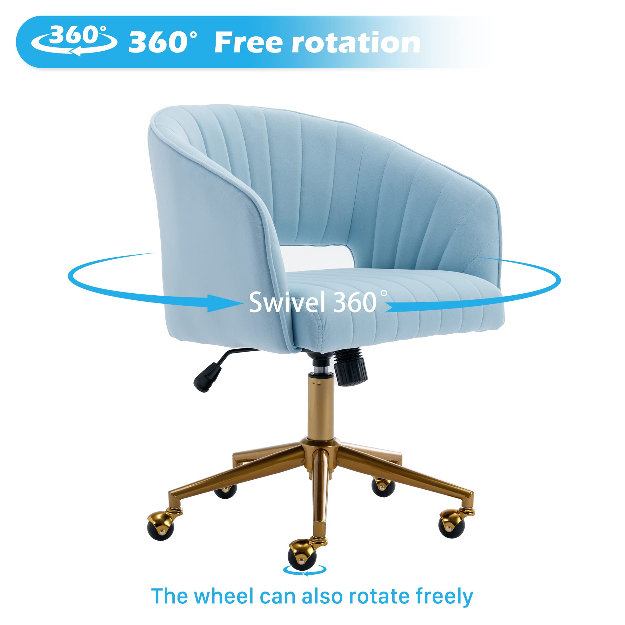 Ergonomic Velvet Swivel Office Chair with Gold Base - Modern Tufted Accent Armchair for Women & Girls - Comfortable Computer Desk Chair for Home Office, Study & Living Room (Blue) - Perfect for Work, Gaming & Relaxation