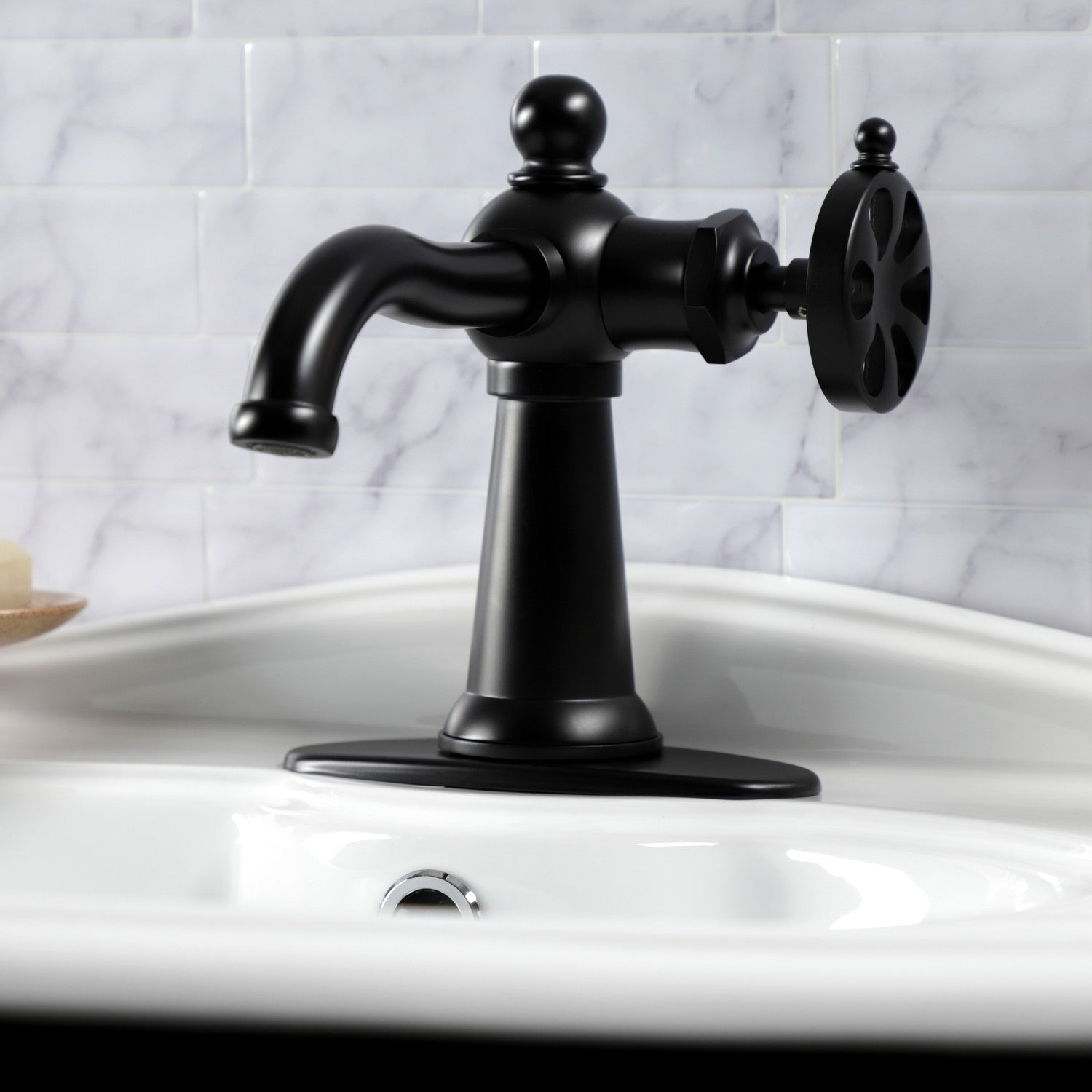 Belknap KSD3540RX Matte Black Single Handle Bathroom Sink Faucet with Deck Plate & Push Pop-Up Drain - Perfect for Modern Vanities and Small Bathroom Spaces