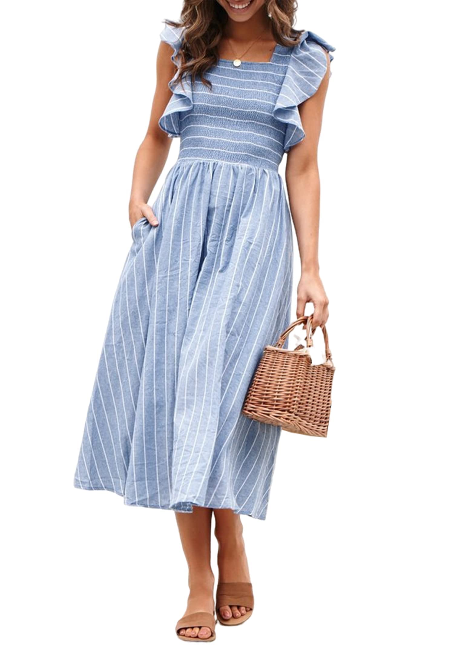 BerryGo Women's Striped Linen Square Neck Long Dress - Elegant Eyelet Ruffle Cap Sleeves Midi Dress for Summer Beach, Vacation & Casual Outings