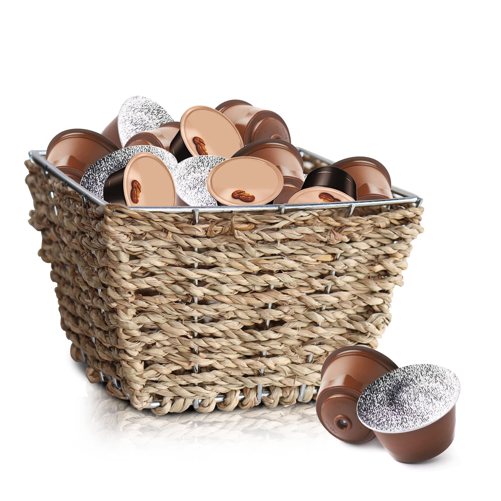 Premium Seagrass-Wrapped Metal Coffee Pod Holder - Large Capacity K Cup & Nespresso Pod Organizer for Kitchen Countertop or Office Desk