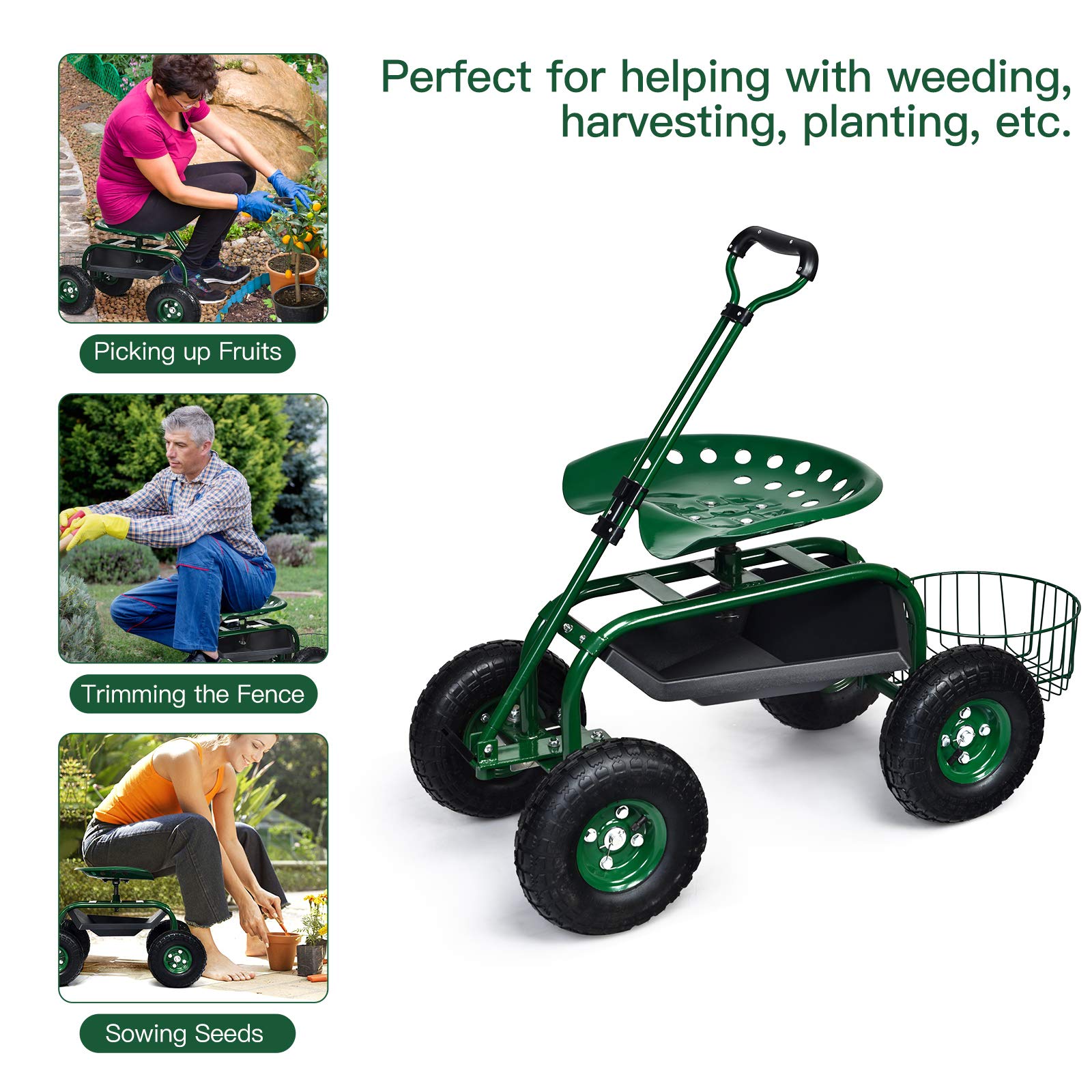 Heavy Duty Garden Cart with Seat & Wheels - Planting & Gardening Work Cart
