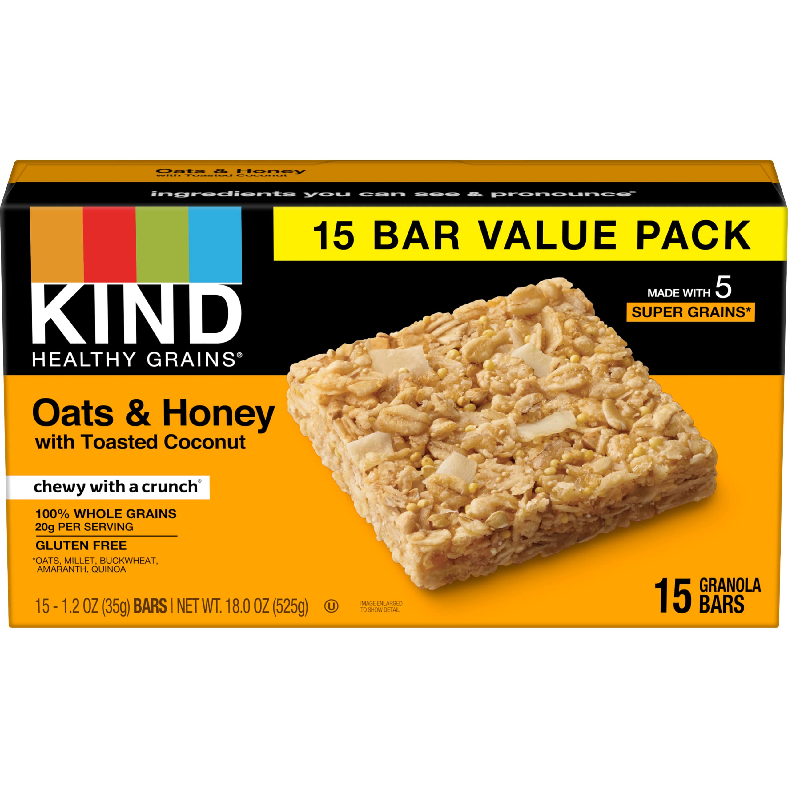 KIND Healthy Grains Bars - Gluten Free Oats & Honey with Toasted Coconut (60 Count, 1.2 oz) - Perfect for Breakfast, Snacks & On-the-Go Nutrition