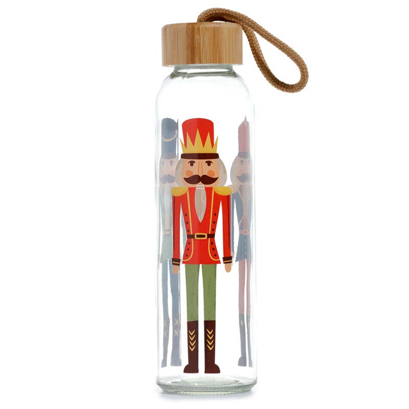 Christmas Nutcracker Glass Bottle with Bamboo Lid - Holiday Themed Decorative Water Bottle for Festive Parties, Home Decor & Gift Giving