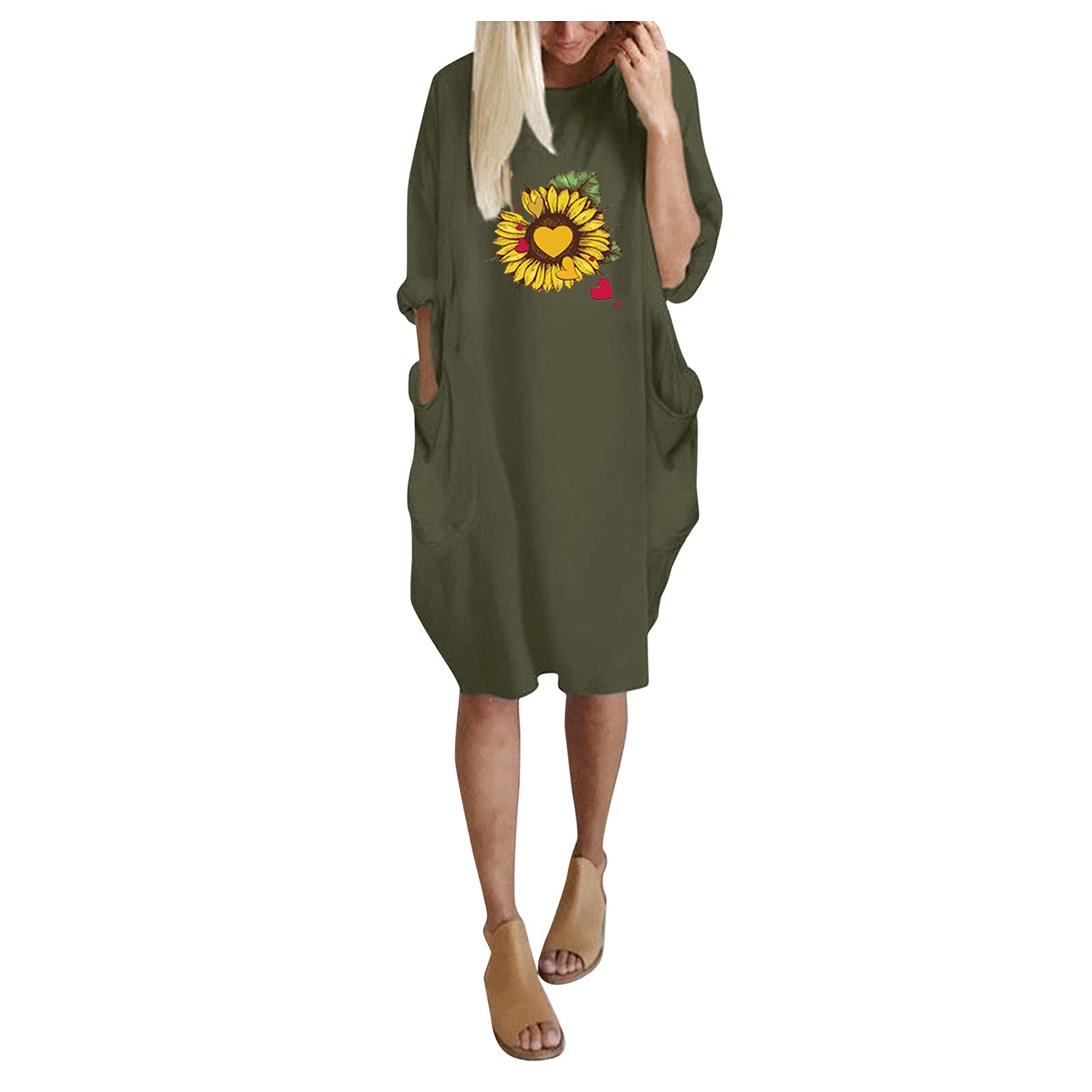 Women's Oversized Long Sleeve Pocket Printed Pullover Mini Dress with Buttons | Casual Loose Fit Fashion Dress for Everyday Wear & Street Style