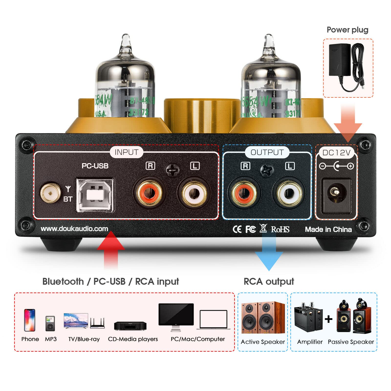 Douk Audio P1 Tube Preamp - Bluetooth 5.0 Hi-Fi Preamplifier with GE5654 Vacuum Tube, Wireless Audio Receiver, USB DAC, APTX-HD Support for Home Theater & Audiophile Systems