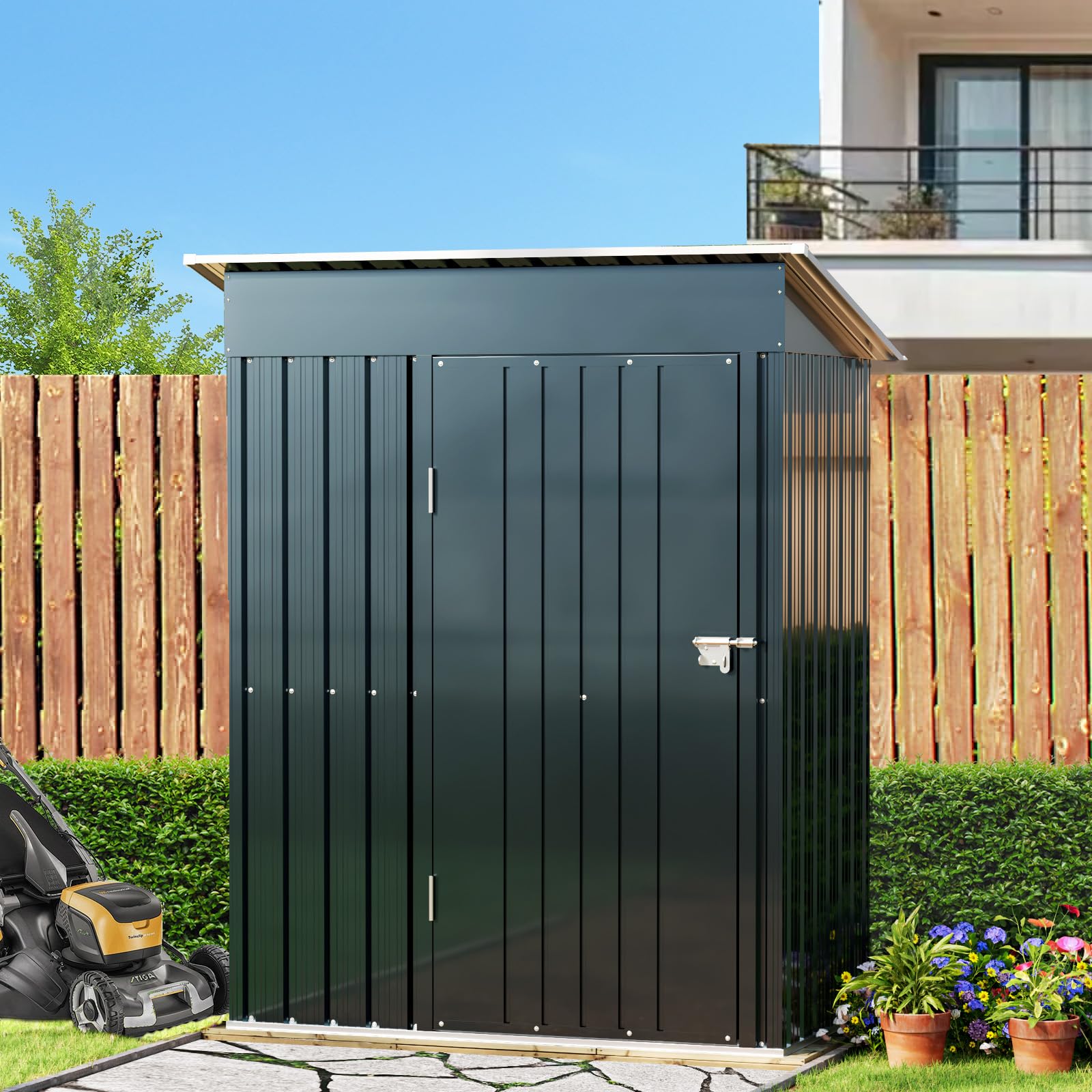 5x3FT Vertical Outdoor Steel Storage Shed with Floor Frame | Lockable Metal Tool Shed for Garden, Backyard, Patio | Weather-Resistant Utility Shed for Bike, Lawn Equipment & Outdoor Gear Storage | Perfect for Small Spaces & Urban Homes