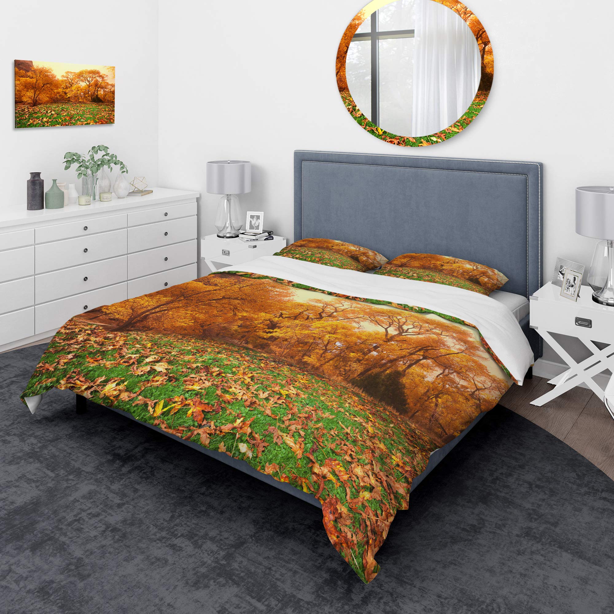 DesignQ Autumn Green Grass Country Duvet Cover Set - King Size 3-Piece Landscape Bedding | All-Season Comfort for Farmhouse, Rustic & Cottage Style Bedrooms