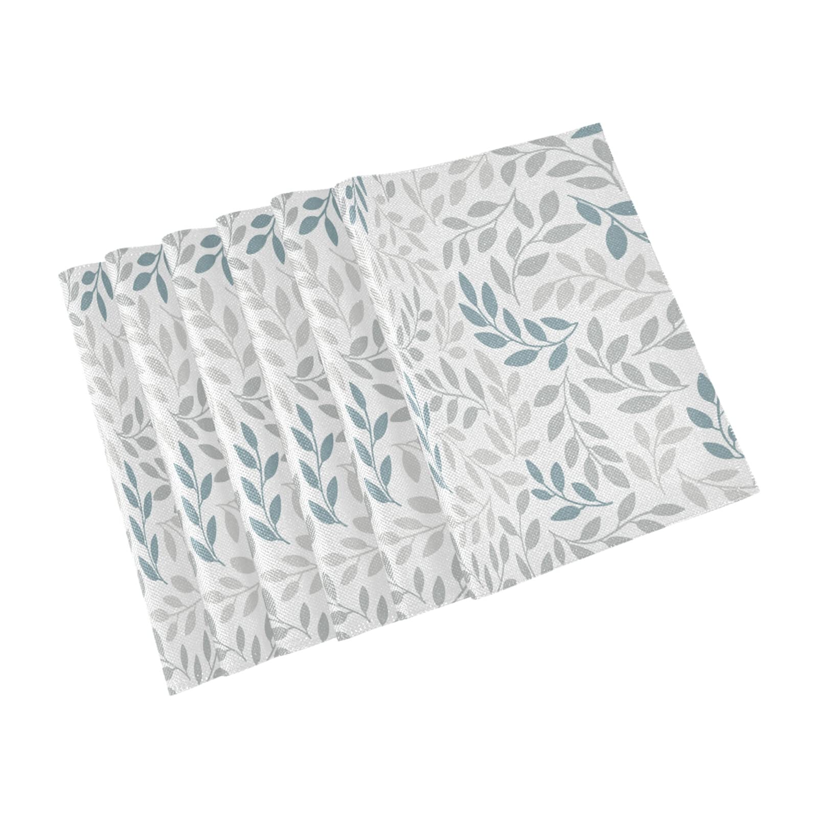 WIHVE 6-Pack Polyester Placemats for Dining Table - Grey & Blue Leaf Design - Waterproof Kitchen Table Mats for Everyday Use, Parties & Holiday Decor