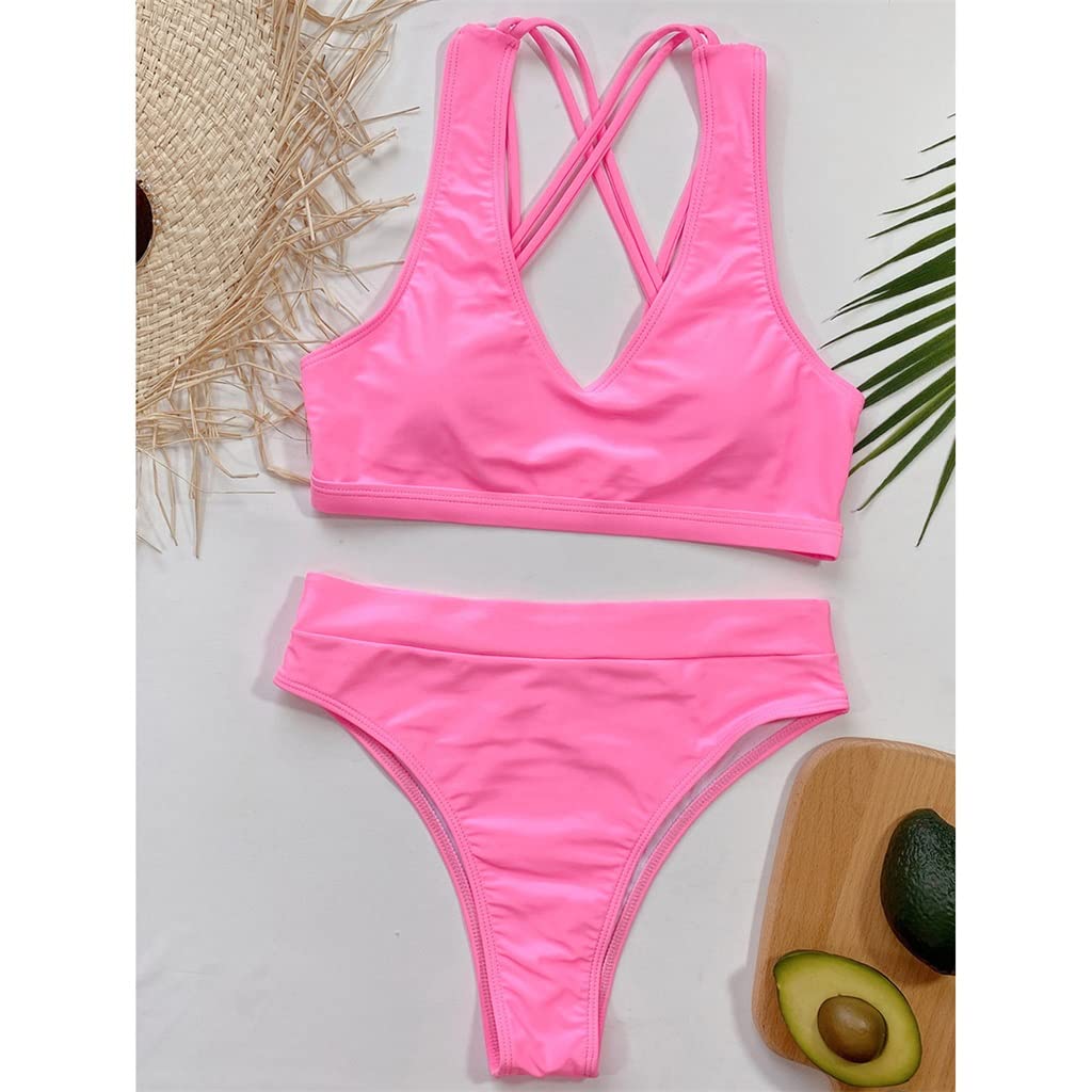 **Sexy Pink Cross Bandage Bikini Set for Women - Padded Bra & High Waist Swimsuit (Medium, Pink) - Perfect for Beach, Pool Party & Summer Vacation**