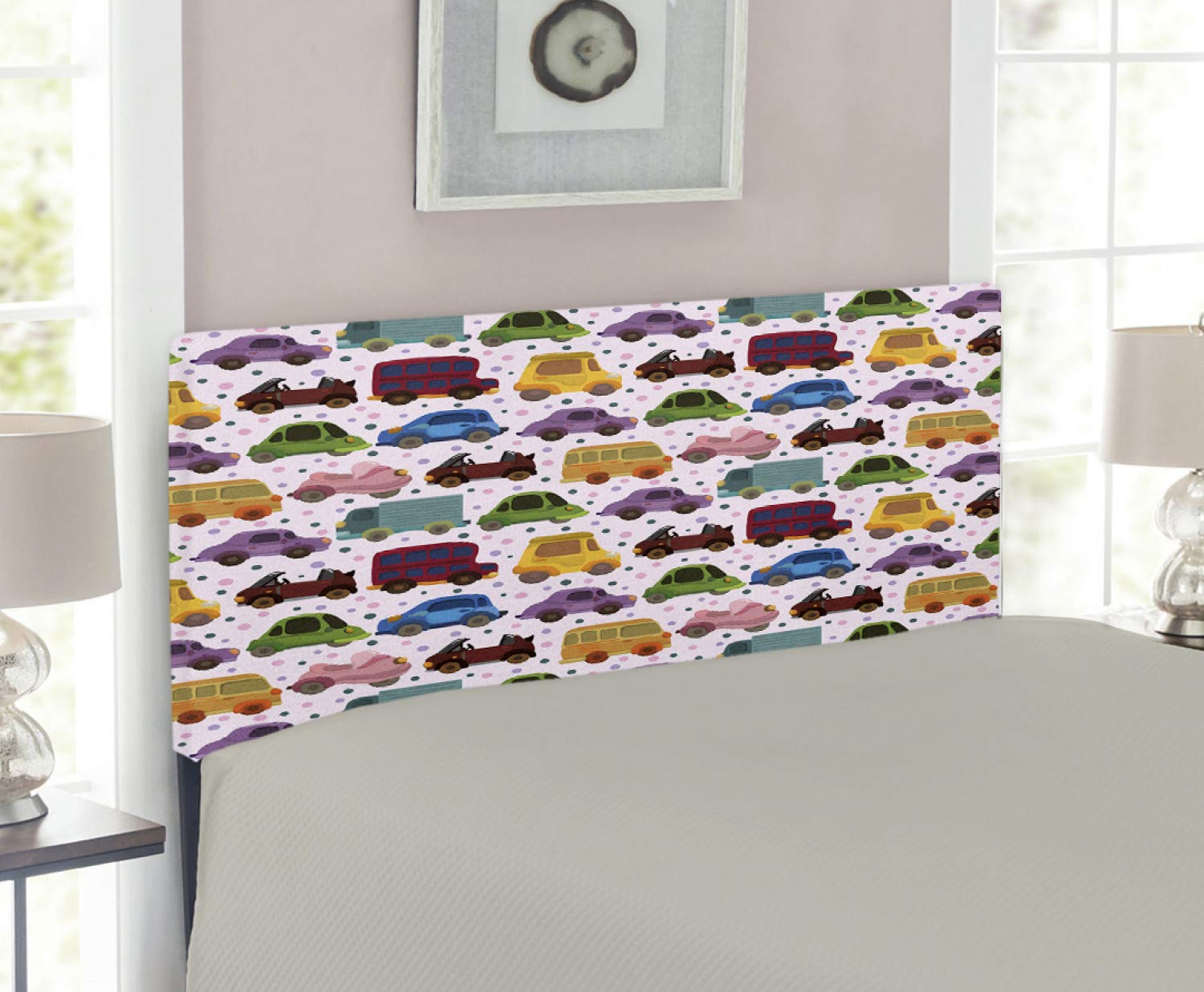 Ambesonne Cars Headboard for Twin Bed - Cartoon Style Vehicles Design with Memory Foam, Upholstered Decorative Metal Headboard - Perfect for Kids' Room, Boys' Bedroom Decor & Themed Bedroom Ideas