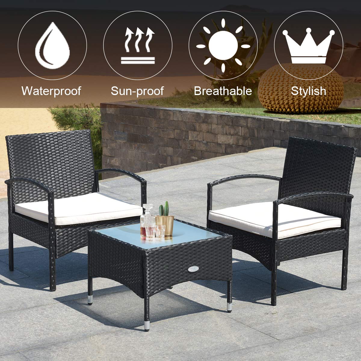 Tangkula 3-Piece Patio Furniture Set - Wicker Rattan Chairs with Coffee Table, Outdoor Conversation Set for Garden, Lawn, Backyard & Poolside (Black) - High Weight Capacity, Weather-Resistant for Relaxing & Entertaining