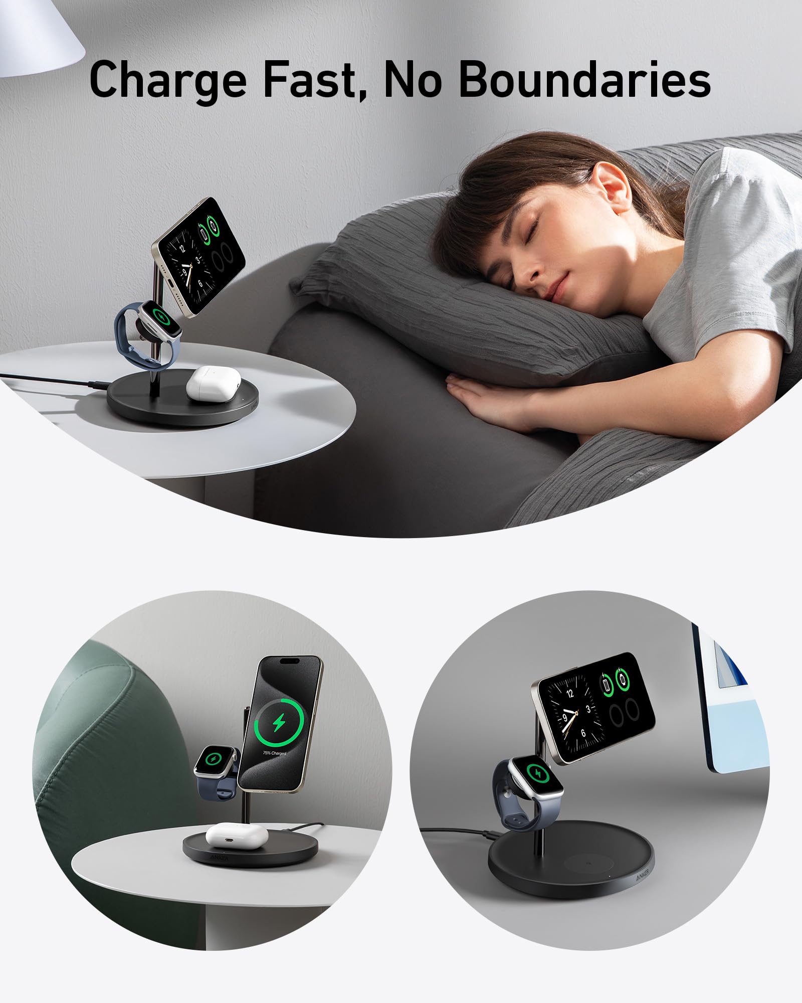 Anker MagGo 3-in-1 Wireless Charging Station - Qi2 Certified 15W Fast Charger | Magsafe Compatible for iPhone 16/15/14/13/12 | Apple Watch & AirPods Charger | Perfect for Office Desk, Nightstand & Travel Accessory