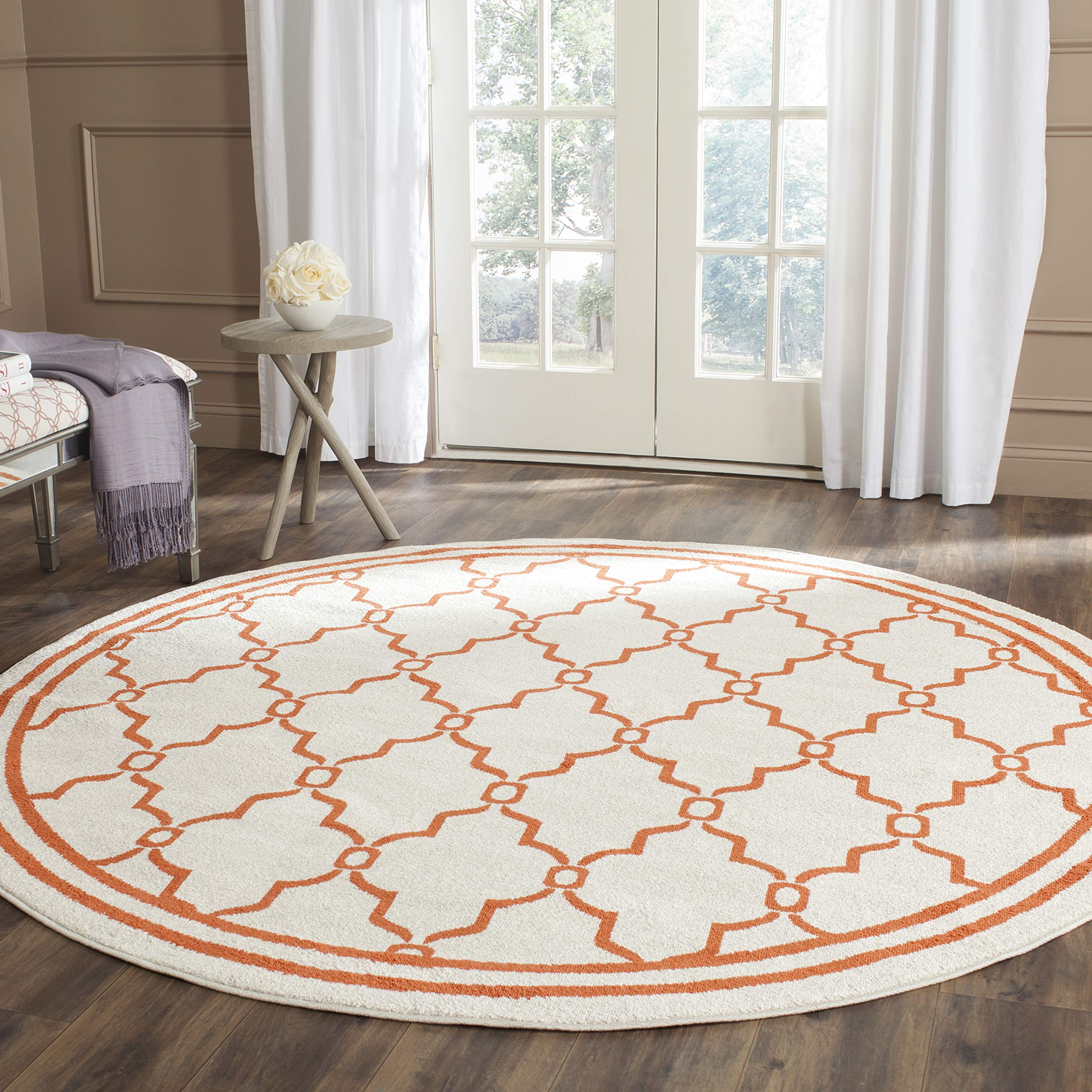 SAFAVIEH Amherst Collection 7' Round Beige & Orange AMT414F Trellis Pattern Non-Shedding Area Rug for Dining Room, Living Room, Bedroom or Entryway - Soft & Durable Floor Decor for Home & Office