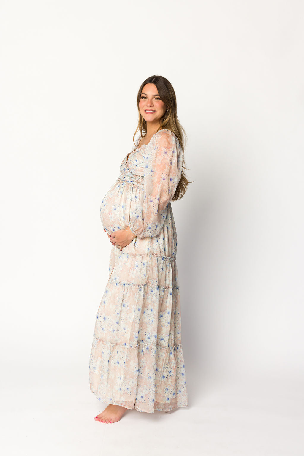 Bump Friendly Daphne Long Sleeve Maxi Dress - Floral Maternity Dress in Beige & Blue, Inclusive Sizing XS to 3XL | Perfect for Pregnancy, Nursing, and Special Occasions