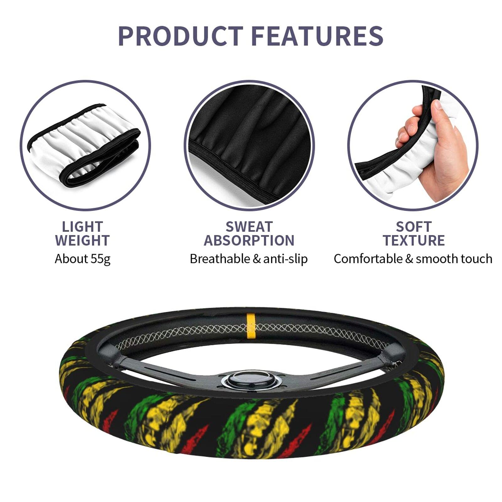Lion of Judah King Rasta Reggae Jamaica Steering Wheel Cover - Anti-Slip Breathable Universal Fit (15 Inch) for Cars, SUVs & Pickup Trucks | Perfect for Hot Weather & Long Drives