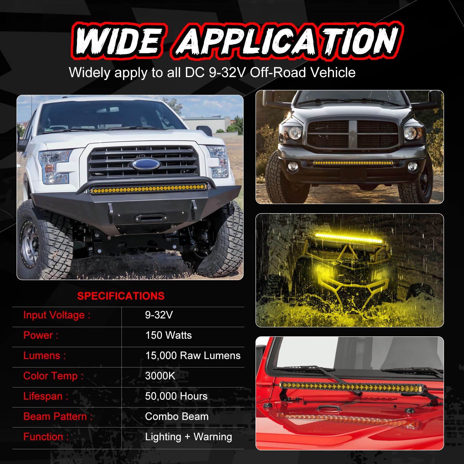 30 Inch 150W Amber Single Row LED Light Bar - Super Bright Slim Off-Road Driving Light with Wiring Harness - Waterproof Fog Lights for Trucks, SUVs, ATVs, UTVs & Boats - Perfect for Night Off-Roading, Camping & Emergency Lighting