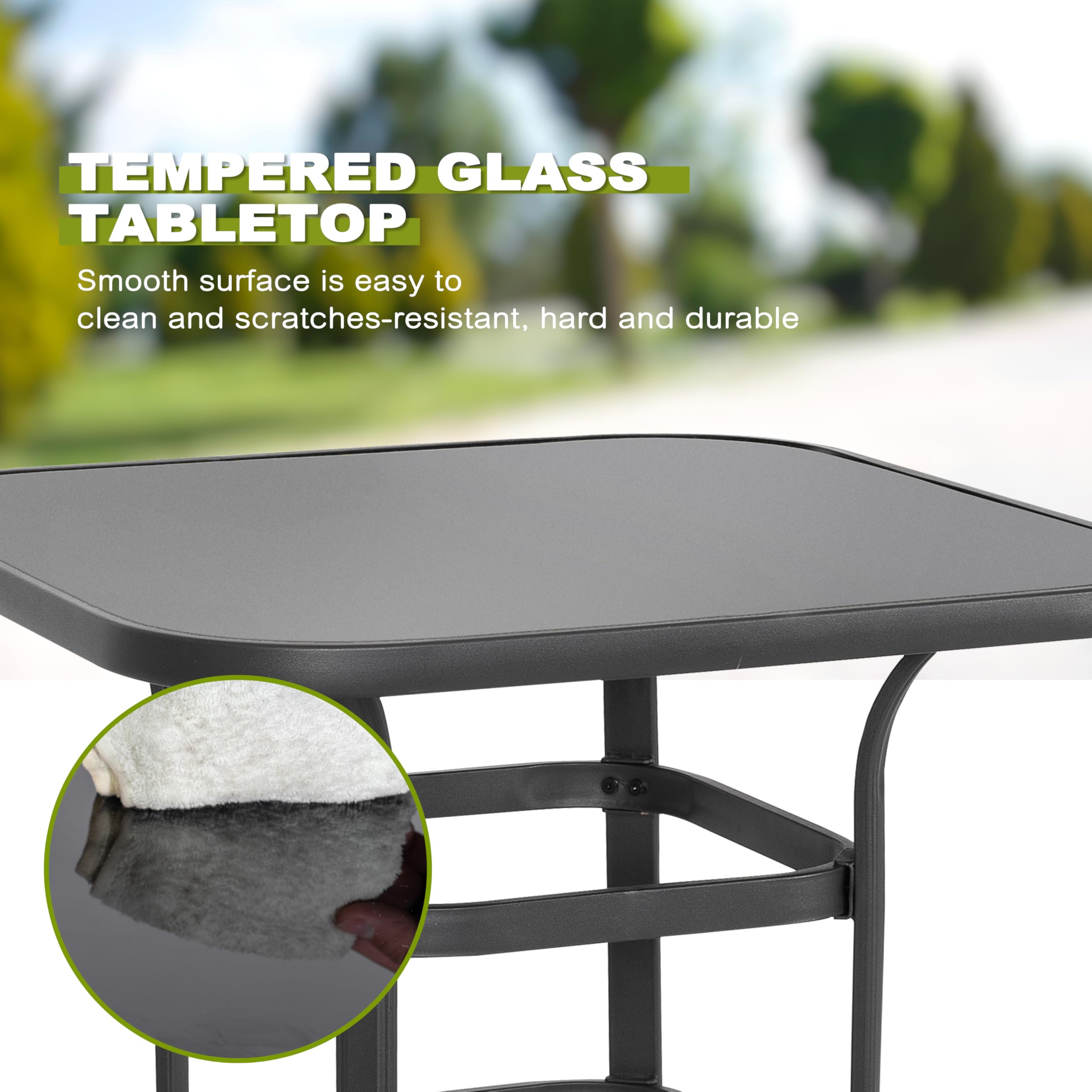 NUU GARDEN 3-Piece Outdoor Patio Bar Set with Tempered Glass Table & Swivel Bar Stools - Gray and Black Patio Furniture for Garden, Backyard, Deck or Poolside Relaxation