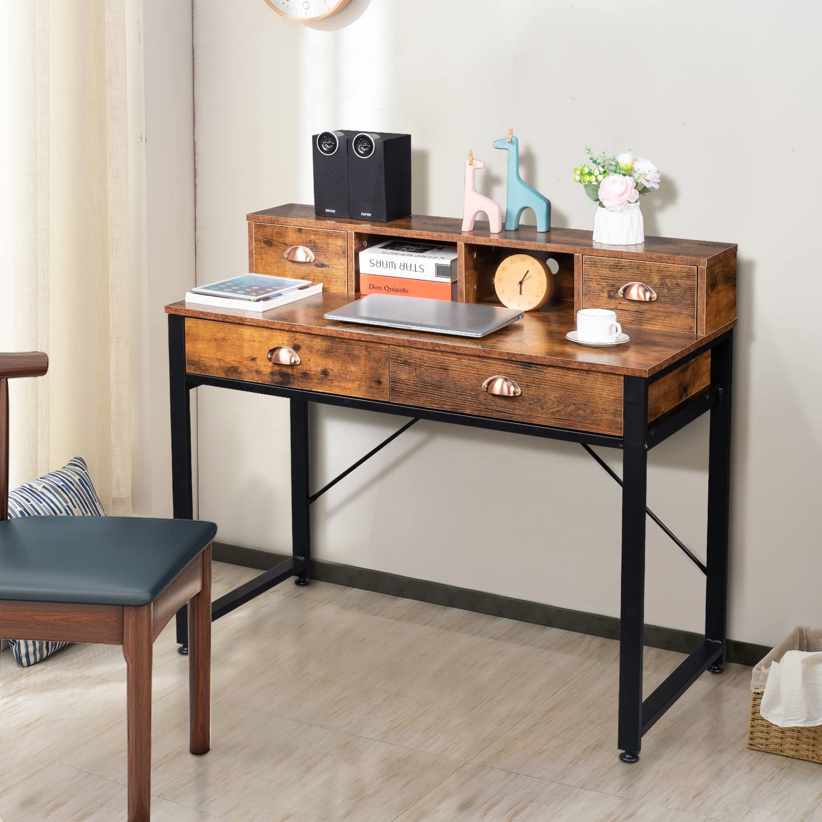 Compact Computer Desk with 4 Drawers & Hutch - Rustic Brown Home Office Desk for Small Spaces, Writing & Study - Perfect for Bedrooms, Dorm Rooms & Home Offices