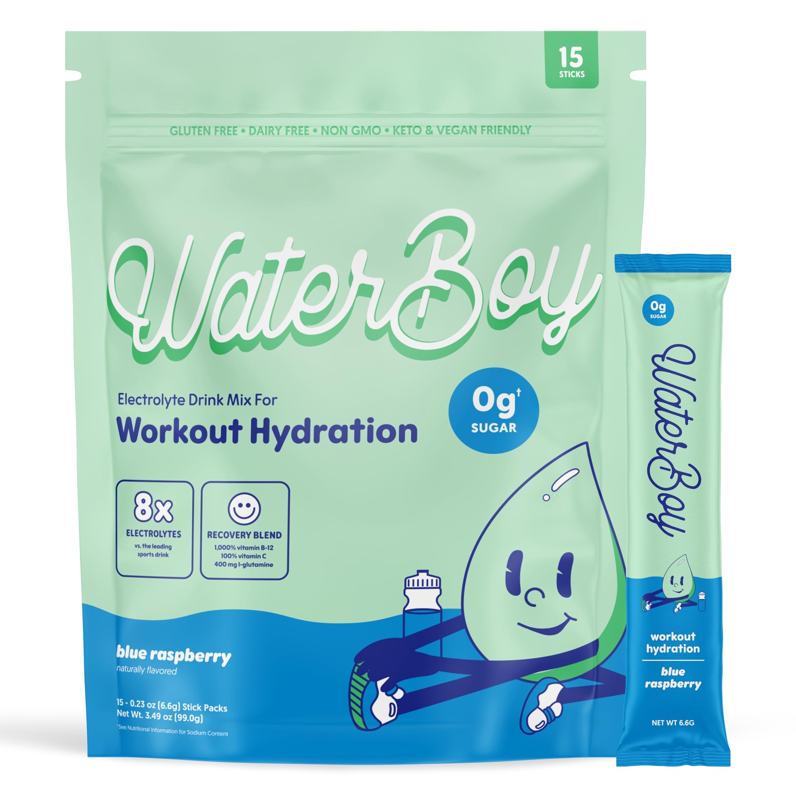 Sugar-Free Electrolyte Powder Packets with L-Glutamine & Vitamins - 2,960mg Hydration for Workouts | All Natural, Gluten Free, No Sugar | 15 Blue Raspberry Drink Stick Mixes - Perfect for Gym, Running, Hiking & Post-Workout Recovery