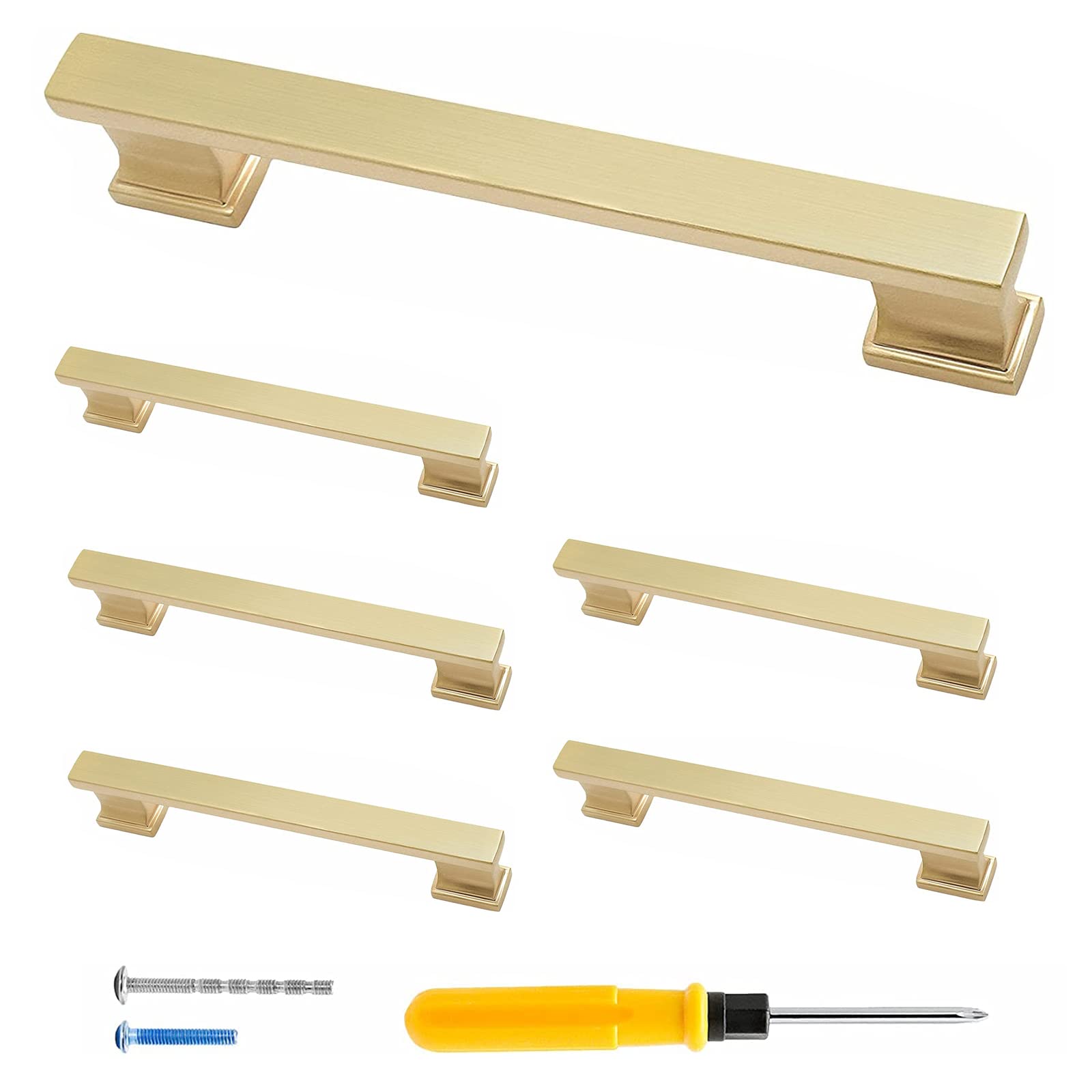 Brushed Brass Cabinet Handles 5 Pack - 5 Inch Drawer Pulls for Modern Kitchen & Dresser