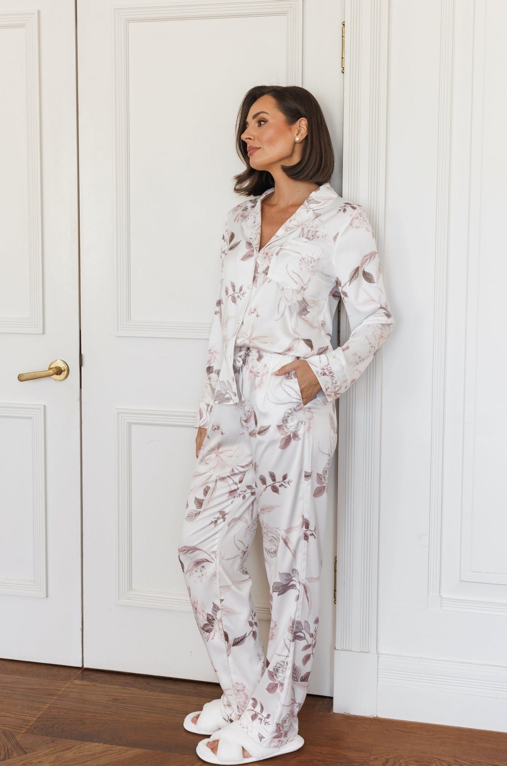 Elegant Long Sleeve Satin Floral Bridesmaid Pajama Set - Women's Luxury Sleepwear for Wedding Party, Bachelorette & Bridal Shower Gifts