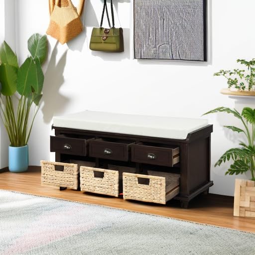 Rustic Wood Storage Bench with 3 Drawers & Baskets - Entryway, Bedroom, Living Room