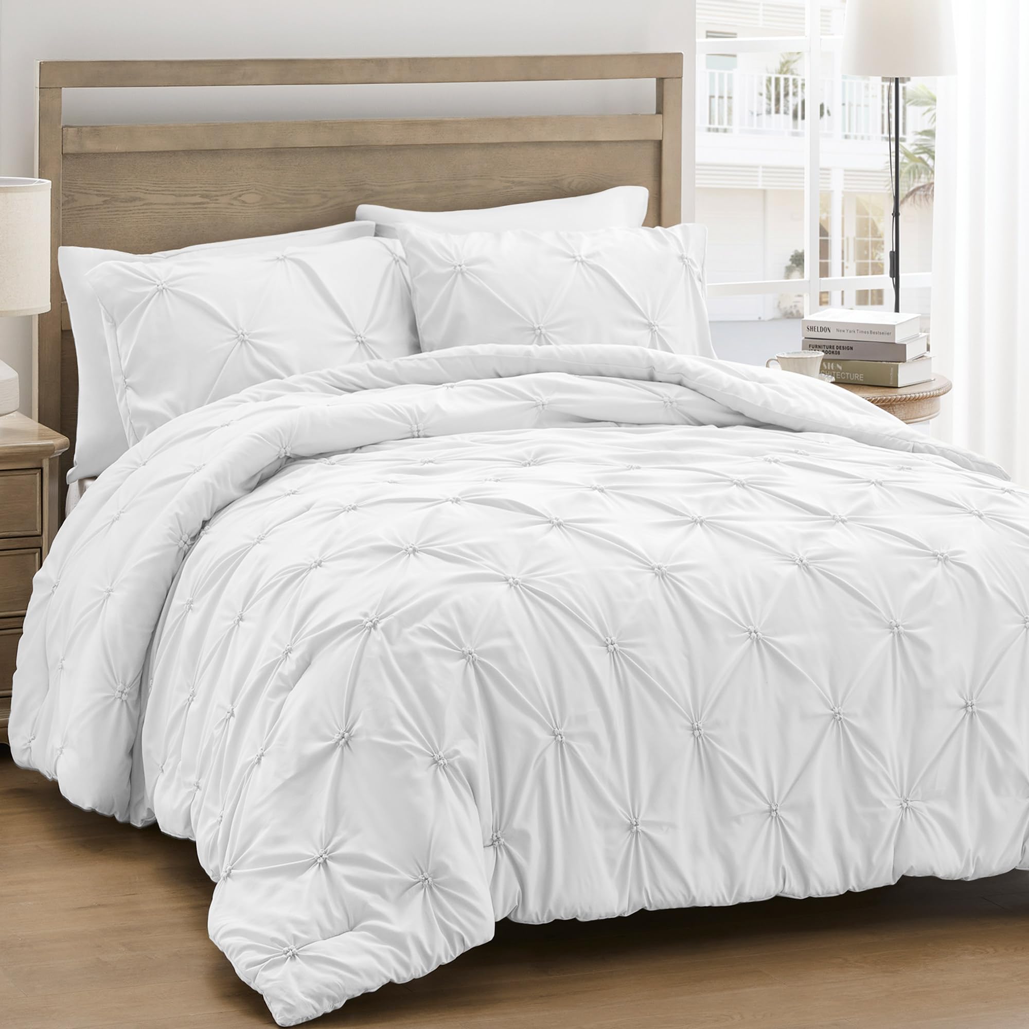 UNIKOME Queen Comforter Set - Soft Pintuck Down Alternative Bedding Set for All Seasons, 3 Piece Pinch Pleat Solid White Bedding with Comforter & 2 Pillow Shams | Luxury Bedroom Decor for Master Bedroom, Guest Room & Dorm