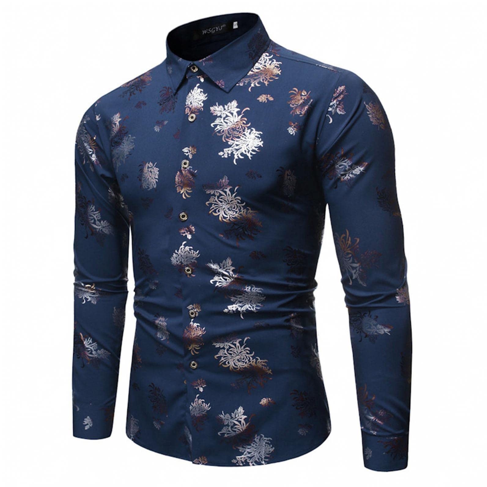 Big & Tall Men's Floral Dress Shirt - Shiny Golden Button Down Long Sleeve Poplin Shirt for Prom, Wedding & Party | Formal Occasions & Hipster Style Fashion