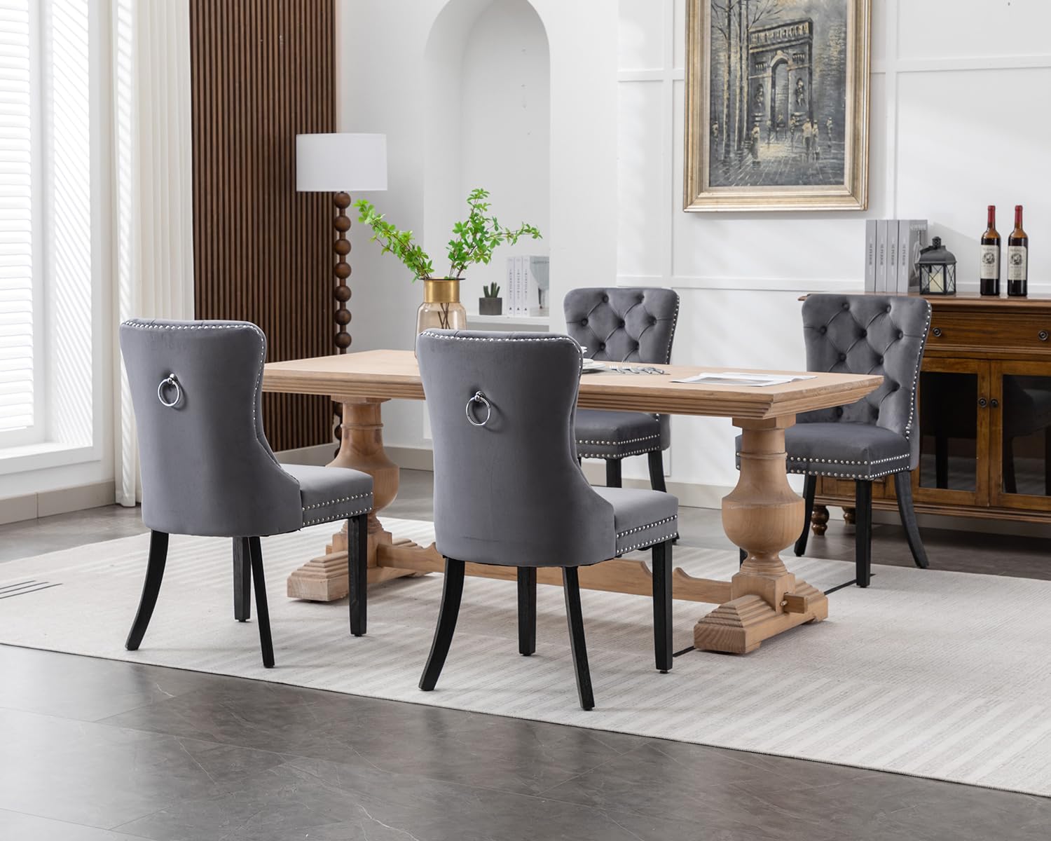 Luxury Velvet Dining Chairs Set of 2 - Modern Upholstered Tufted Kitchen Chairs with Nailhead Trim & Solid Wood Legs, Grey Nikki Collection for Dining Room, Restaurant or Home Decor