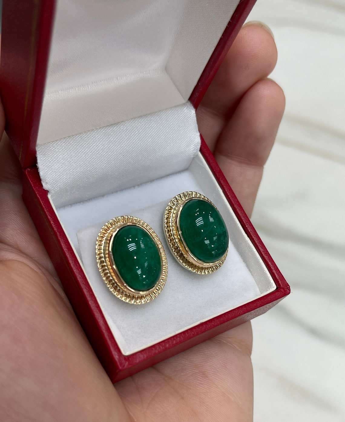 19.04tcw Large Jumbo Natural Emerald Cabochon Vintage Handmade Bezel Earrings 14K Gold - Elegant Jewelry for Women, Perfect for Weddings, Parties & Special Occasions
