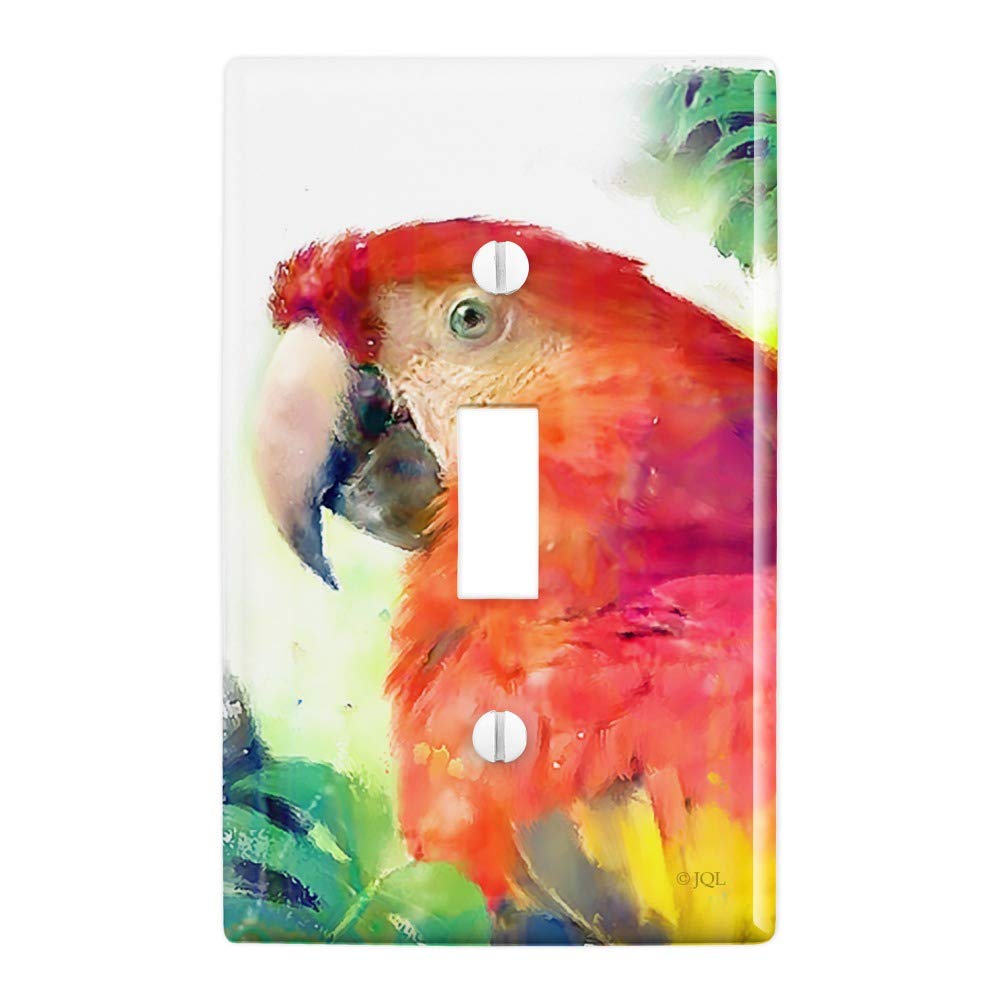 Tropical Watercolor Macaw Parrot Plastic Wall Decor - Light Switch Plate Cover - Vibrant Rainforest Theme Home Decor for Living Room, Bedroom & Bathroom