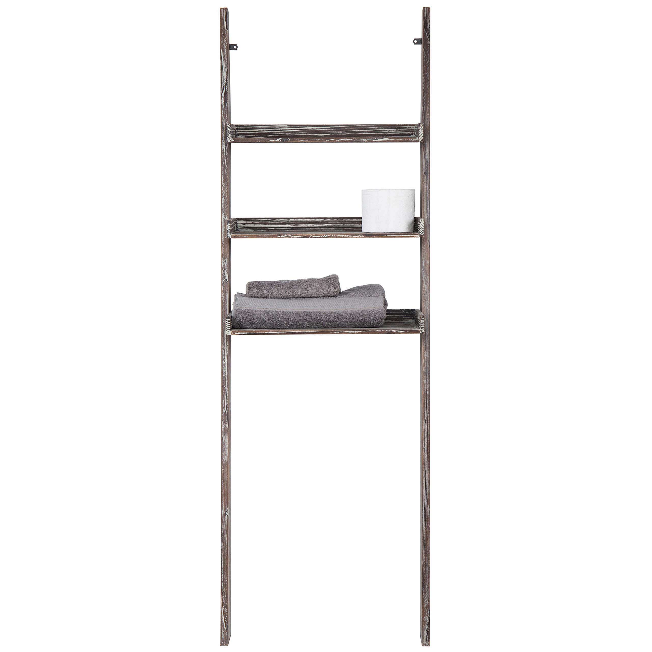 MyGift 3-Tier Over The Toilet Storage Shelf - Solid Torched Wood Wall Leaning Ladder Bathroom Organizer Rack for Small Spaces | Space-Saving Bathroom Storage Solution for Towels, Toiletries & Decor
