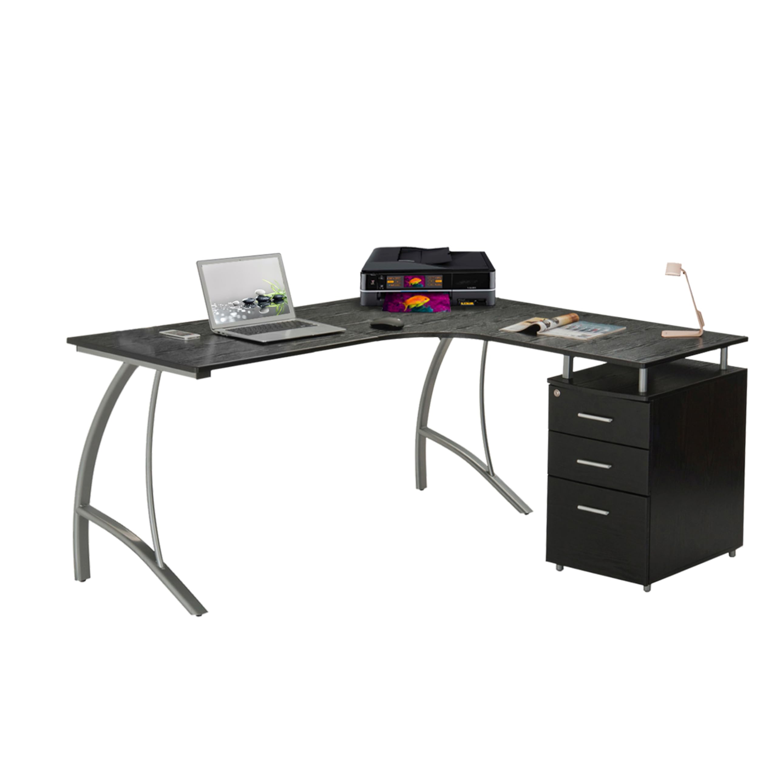 Techni Mobili L-Shaped Computer Desk with File Cabinet & Corner Storage - Adjustable Left/Right Hand Configuration, Espresso Brown - Perfect for Home Office, Study & Workspace Organization